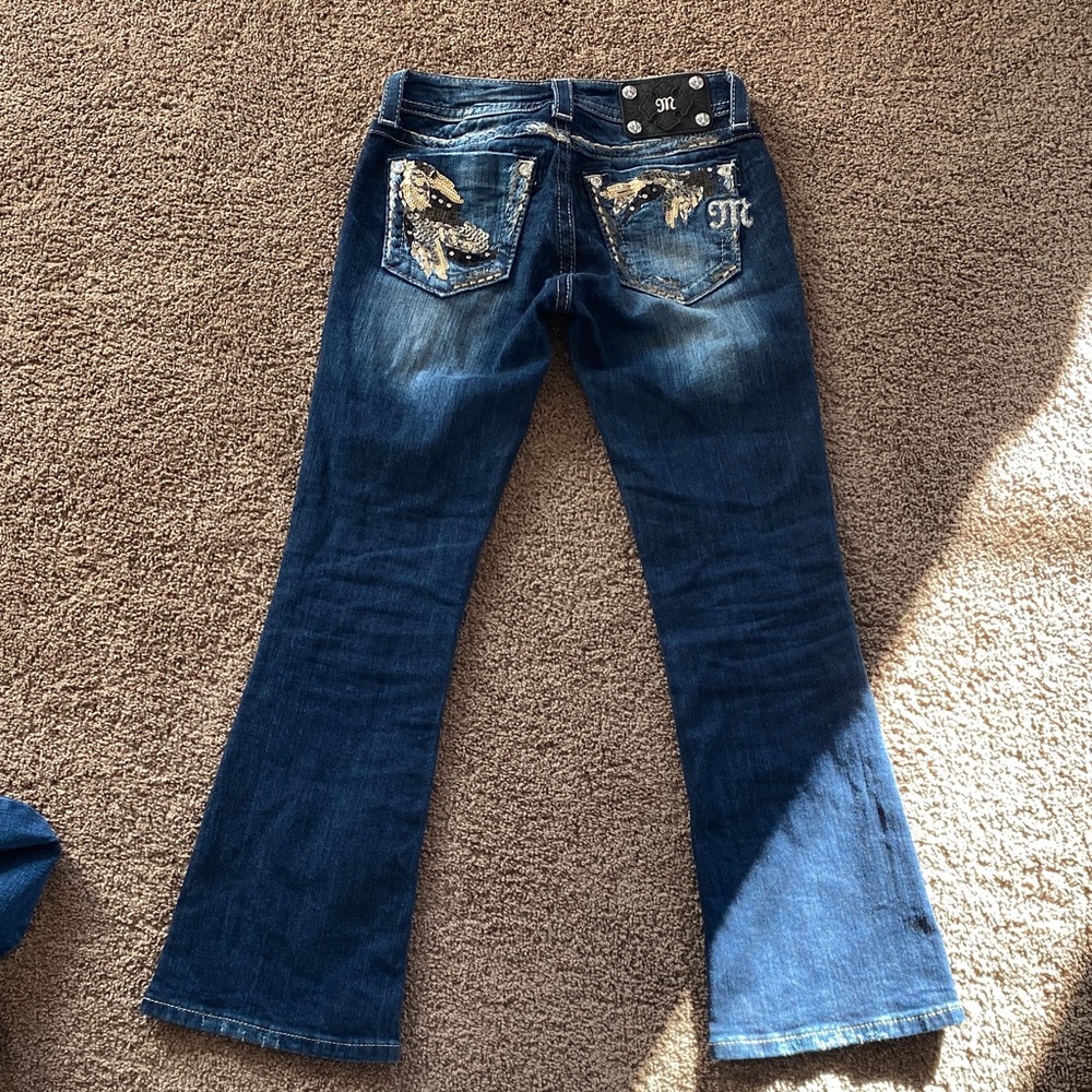 Miss Me Dark Blue Flare Jeans with Gold Sequin Pockets